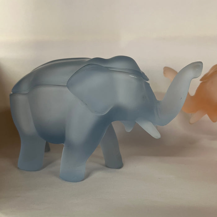 Made by Indiana Glass for Tiara, this glass elephant lidded trinket box is as unique as it is functional. Perfect for everything from buttons to jewelry to candy and more. Dates to the 1980s.