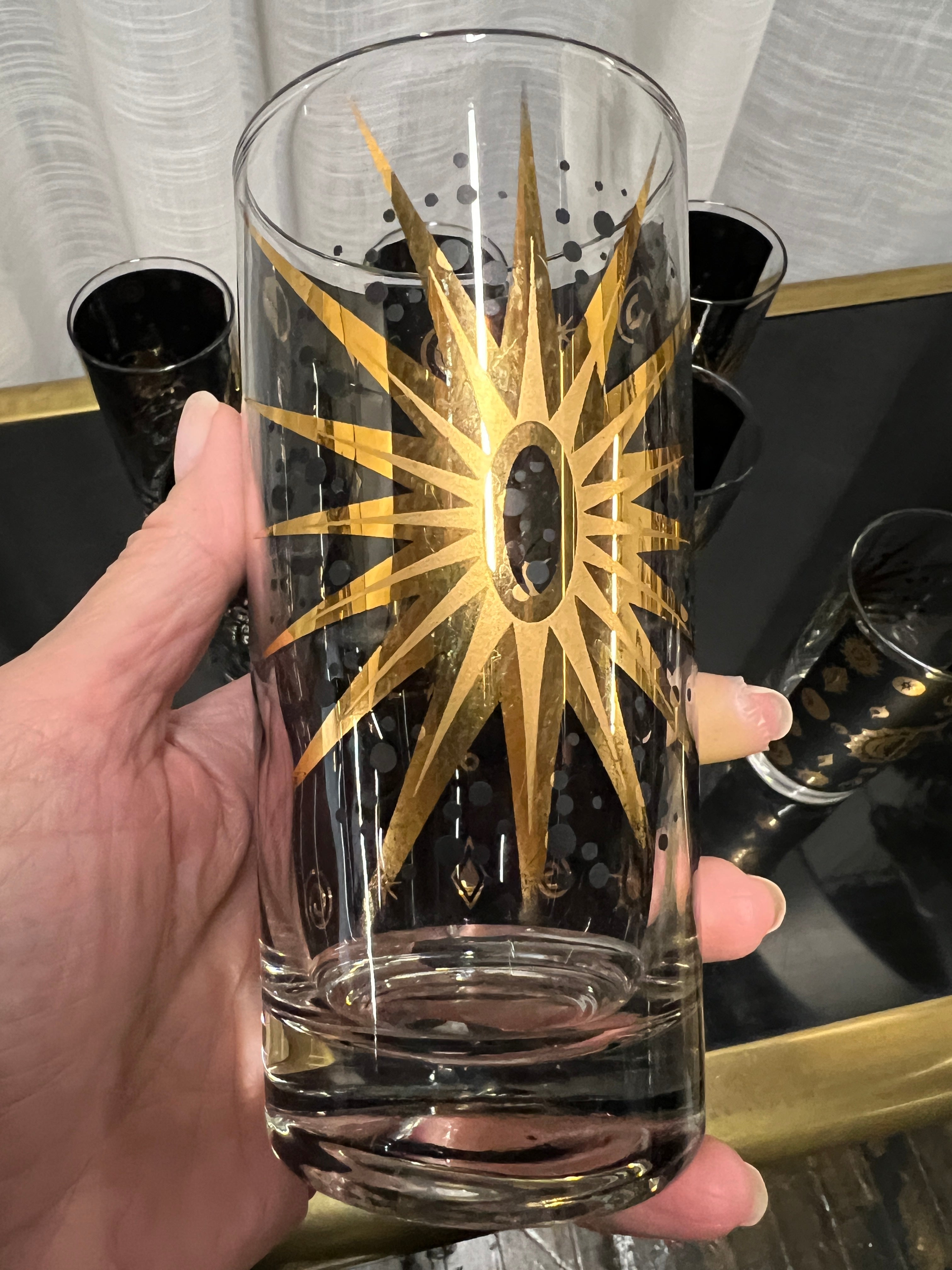 MCM Fred Press Glassware Glasses Roosters Vintage Black Gold Flat newest Bottom