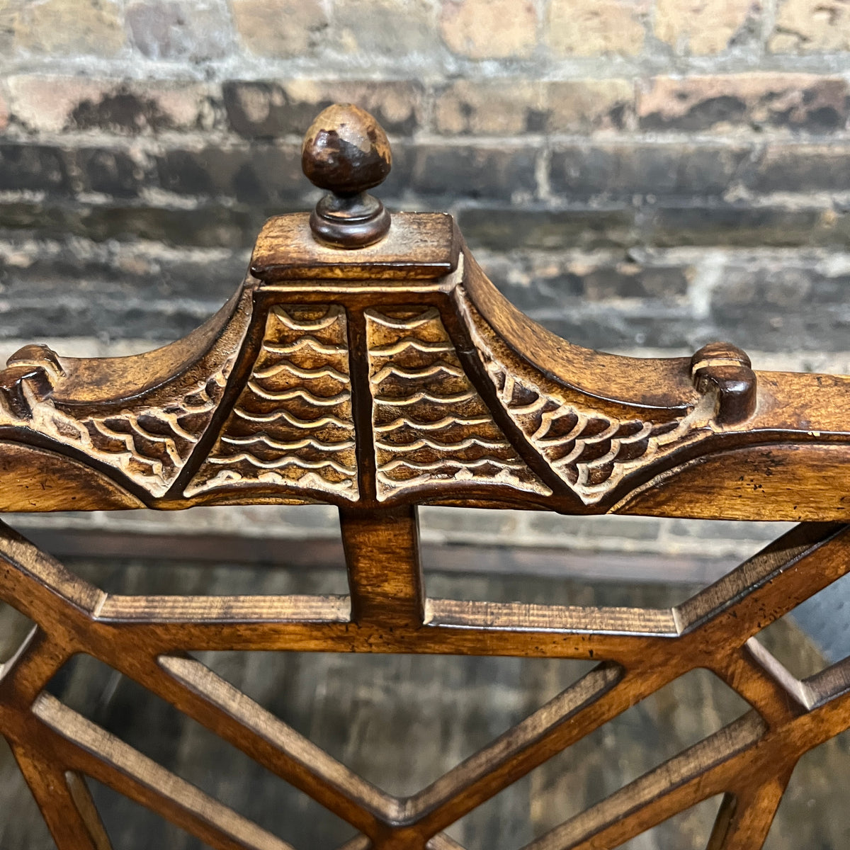 Chinese Chippendale Style Upholstered Bench with Pagoda Detail