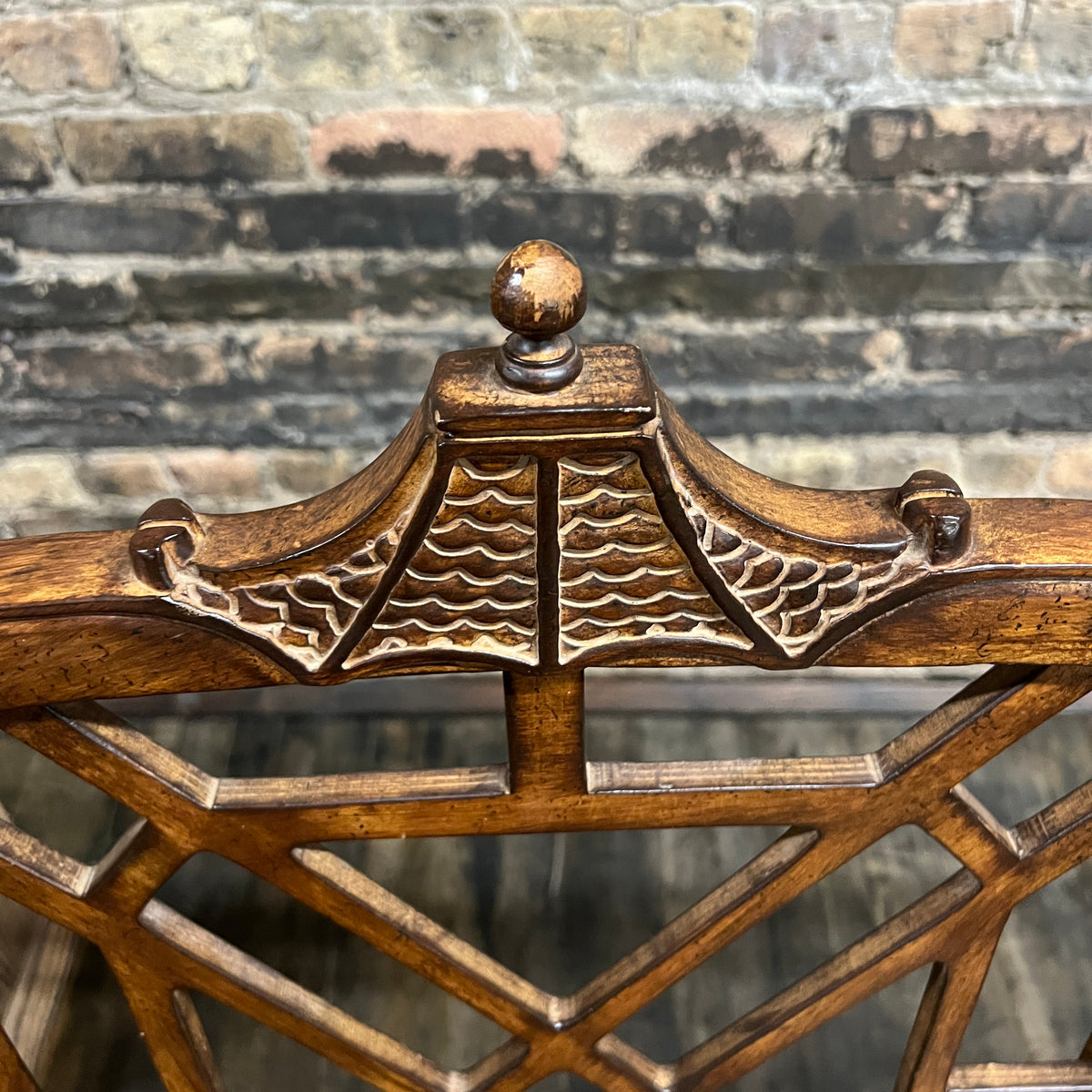 Chinese Chippendale Style Upholstered Bench with Pagoda Detail