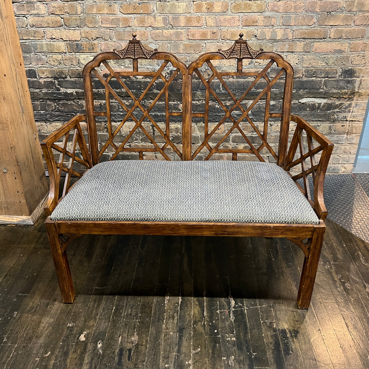 Chinese Chippendale Style Upholstered Bench with Pagoda Detail