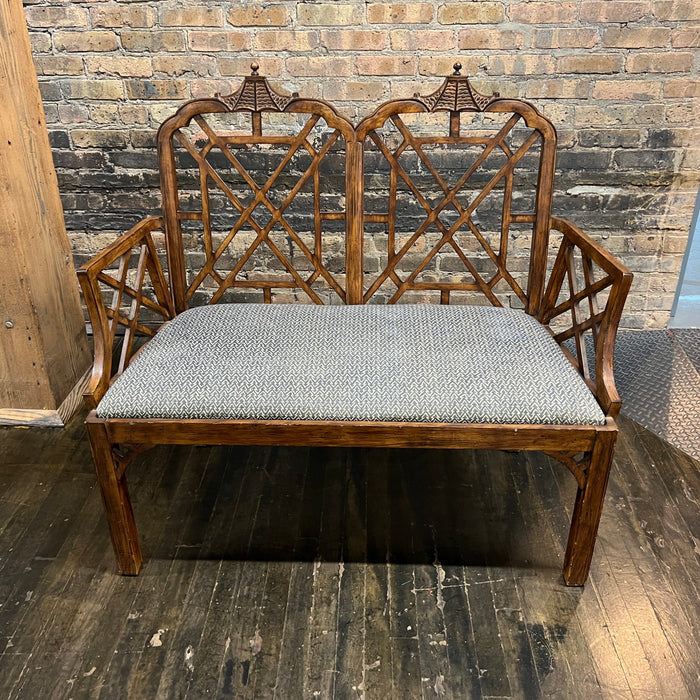 Chinese Chippendale Style Upholstered Bench with Pagoda Detail