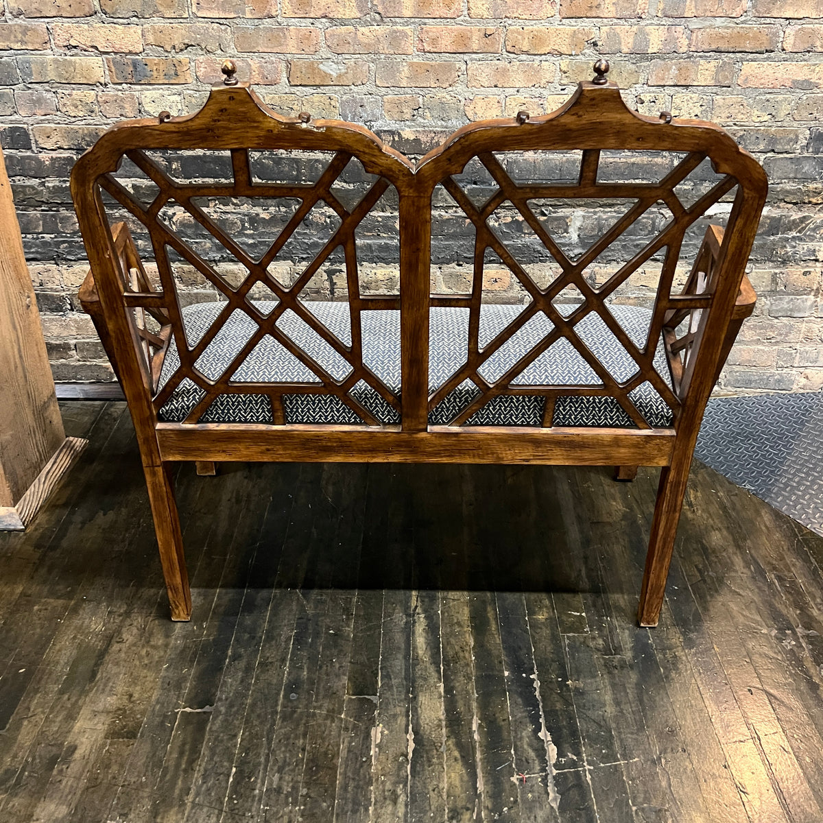 Chinese Chippendale Style Upholstered Bench with Pagoda Detail