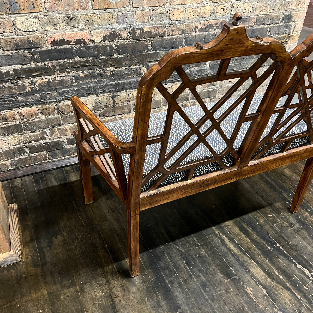 Chinese Chippendale Style Upholstered Bench with Pagoda Detail