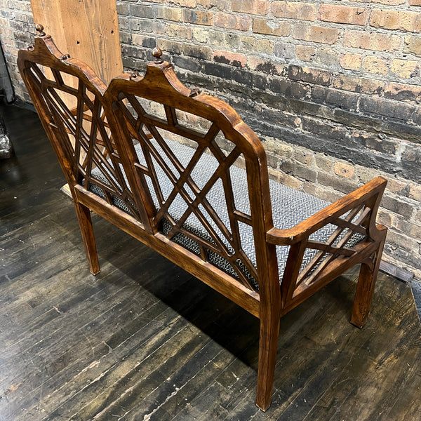 Chinese Chippendale Style Upholstered Bench with Pagoda Detail