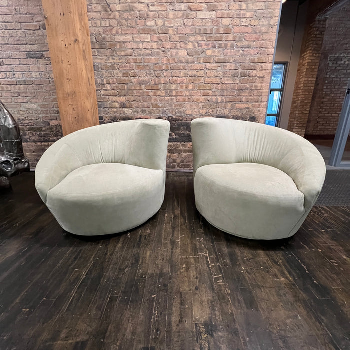 Pair of Vladimir Kagan Style Nautilus Swivel Chairs in Ultrasuede, light green, Studio Sonja Milan, Chicago IL