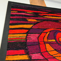 A large and colorful mid-century tapestry or kilim that has been mounted on  a canvas frame.  chicago, IL Studio Sonja Milan