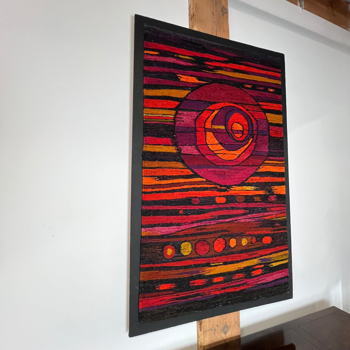 A large and colorful mid-century tapestry or kilim that has been mounted on  a canvas frame.  chicago, IL Studio Sonja Milan