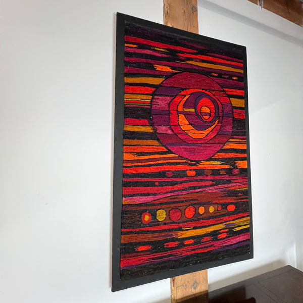 A large and colorful mid-century tapestry or kilim that has been mounted on  a canvas frame.  chicago, IL Studio Sonja Milan