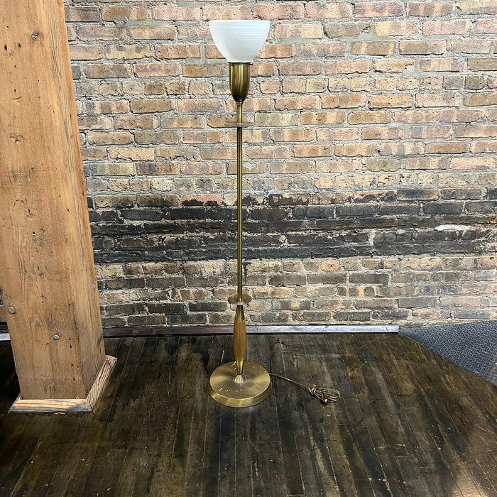 Mid-century brass and walnut floor lamp.  Studio Sonja Milan, Chicago, IL