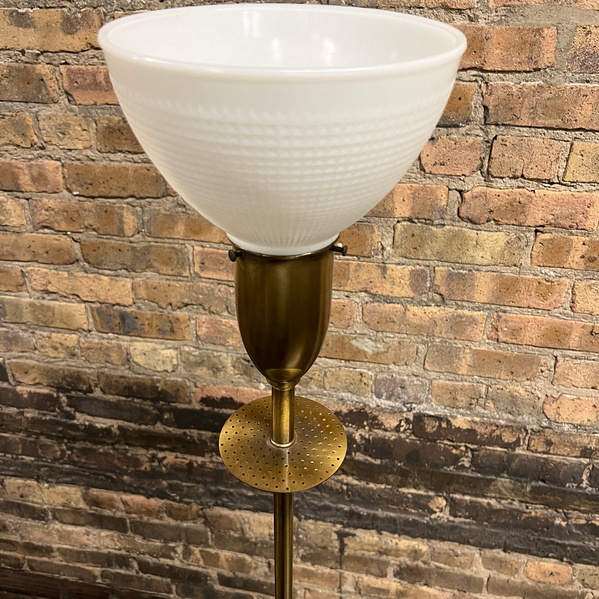 Mid-century brass and walnut floor lamp.  Studio Sonja Milan, Chicago, IL