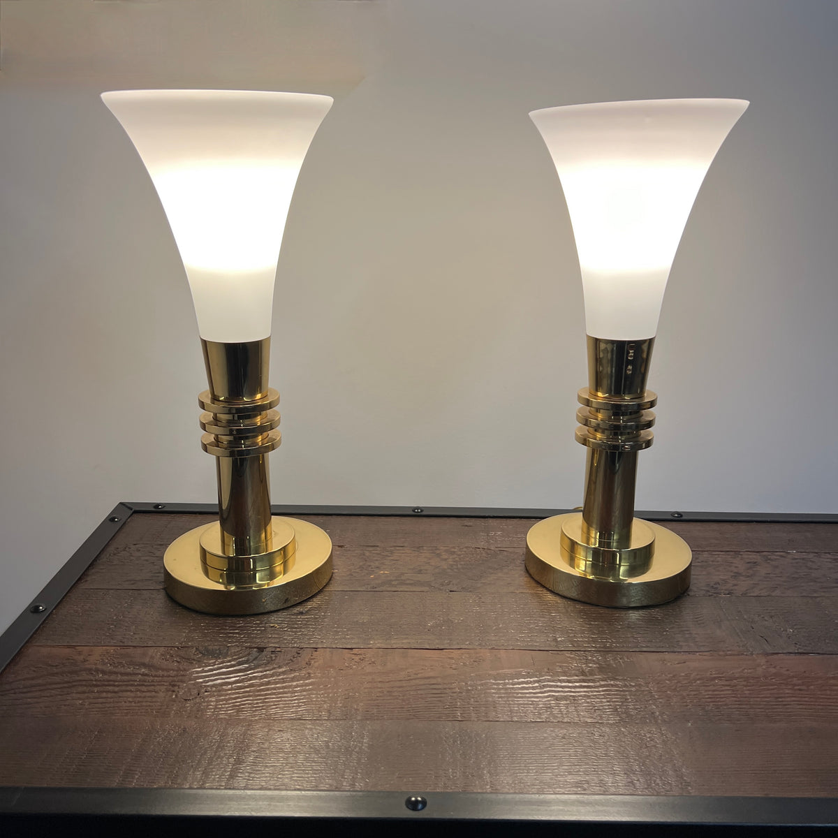 Beautiful pair of Paul Hanson Art Deco style brass and glass torchiere table lamps.  Studio Sonja Milan, Chicago, IL