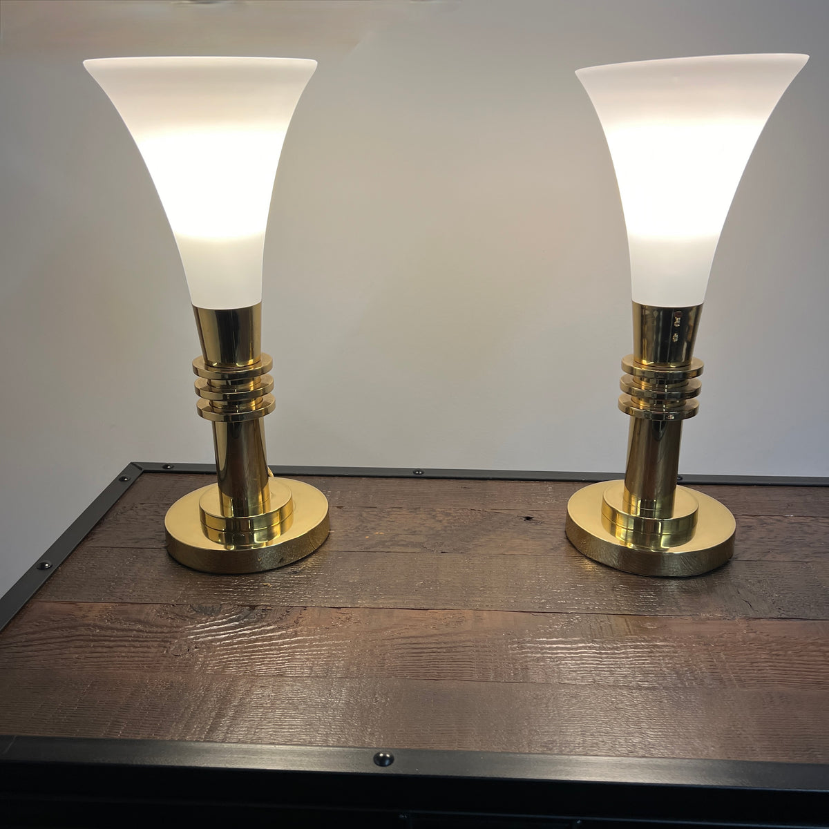 Beautiful pair of Paul Hanson Art Deco style brass and glass torchiere table lamps.  Studio Sonja Milan, Chicago, IL