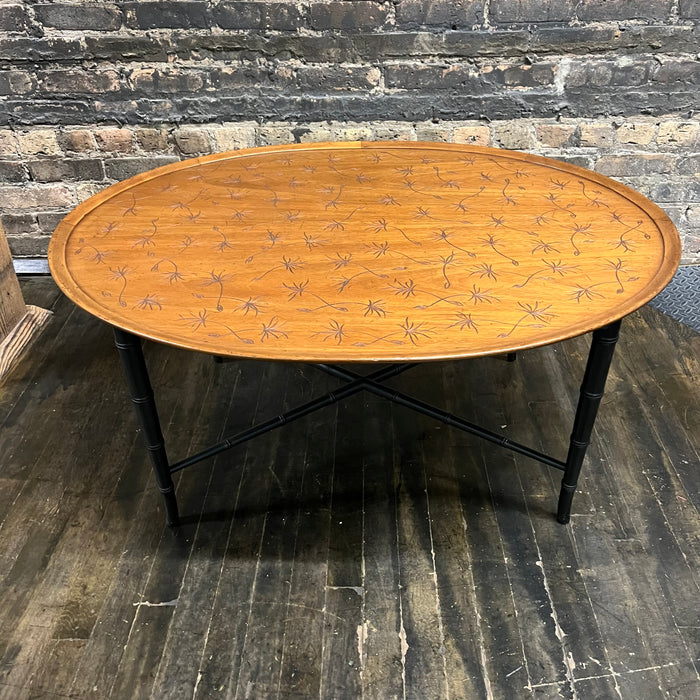 Kittinger Coffee Table, Faux Bamboo Base, dandelion incised top. walnut and black lacquer