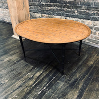 Kittinger Coffee Table, Faux Bamboo Base, dandelion incised top. walnut and black lacquer