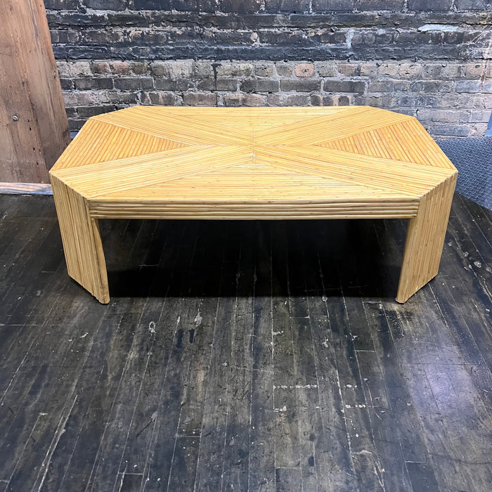 Stunning 1970s Palm Beach Style split reed bamboo coffee table. Original vintage condition.Vintage glam Palm Beach style with distinctive geometric pattern48"W x 30"D x 15"H midcentury modern, Studio Sonja Milan, Chicago, IL, granny Chic, coastal style, beach decor, 