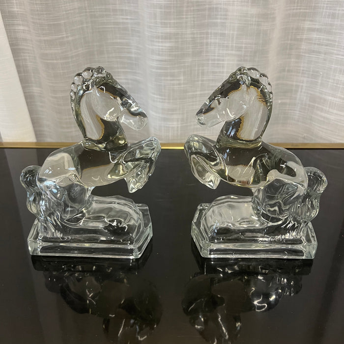 Rearing Horse bookends, Pair, Glass bookends, 1049's, LE Smith Glass, Art Deco, mid century modern, equestrian decor, timeless.  Studio Sonja Milan, Chicago, IL